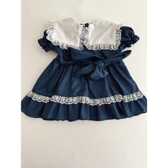 Vintage Kandy Ann Little Girl’s Navy White Polka Dot Collar Dress Size 9 Mos - Picture 3 of 5